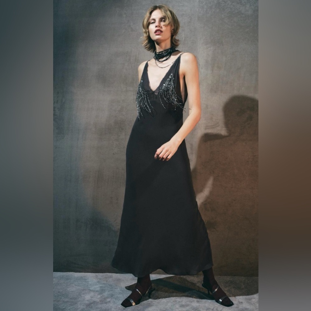 ZARA BEADED GEORGETTE DRESS SZ L